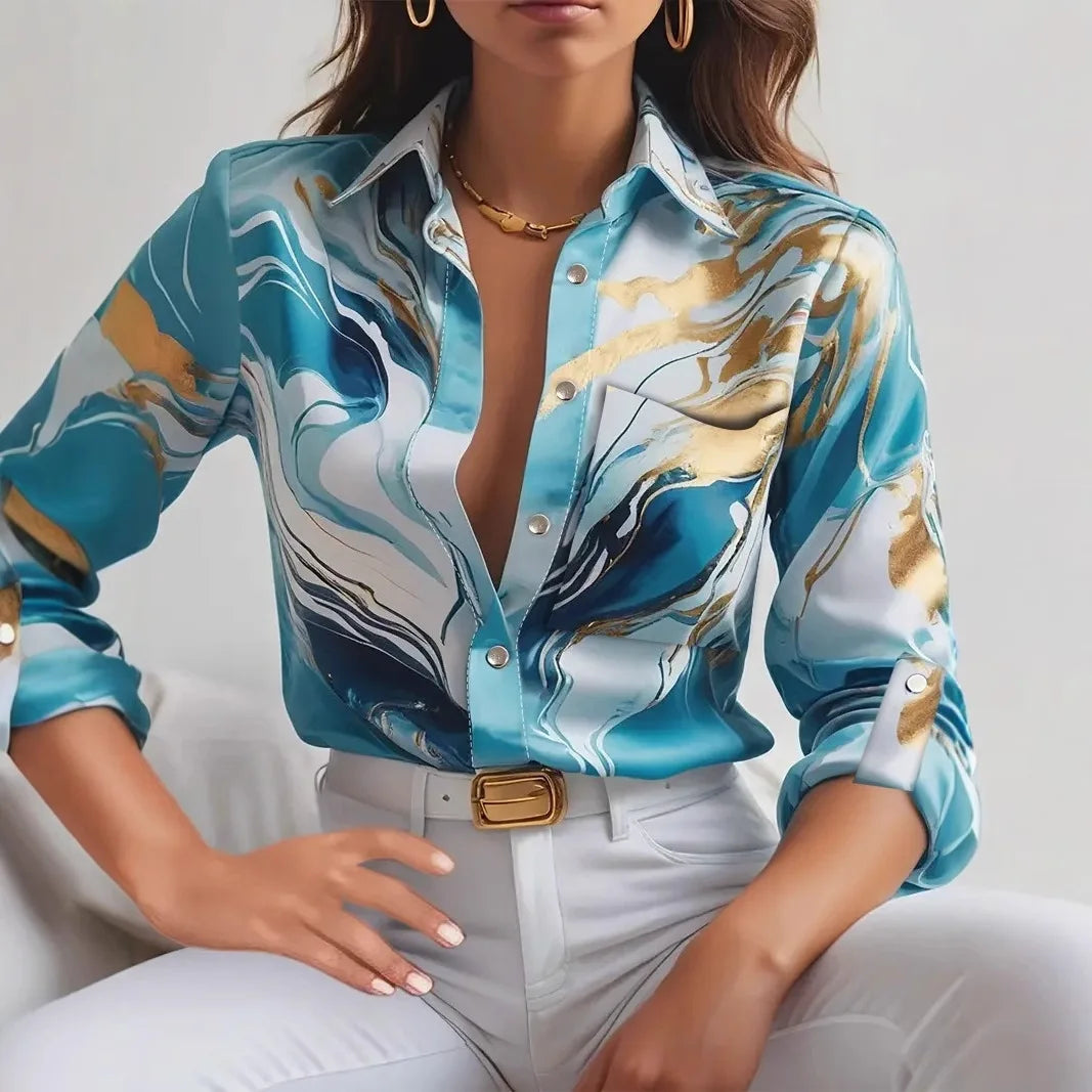 Women's Nowsaa Abstract Print Button-Down Blouse — Long Sleeve Turn-Down Collar Casual Office Top | Vintage Broadcloth Shirt for Spring & Summer