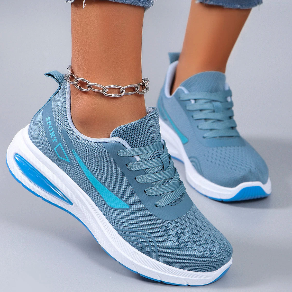 Women's Air Cushion Lace-Up Sneakers – Breathable Mesh Color-Block Running Style Shoes with Rubber Sole