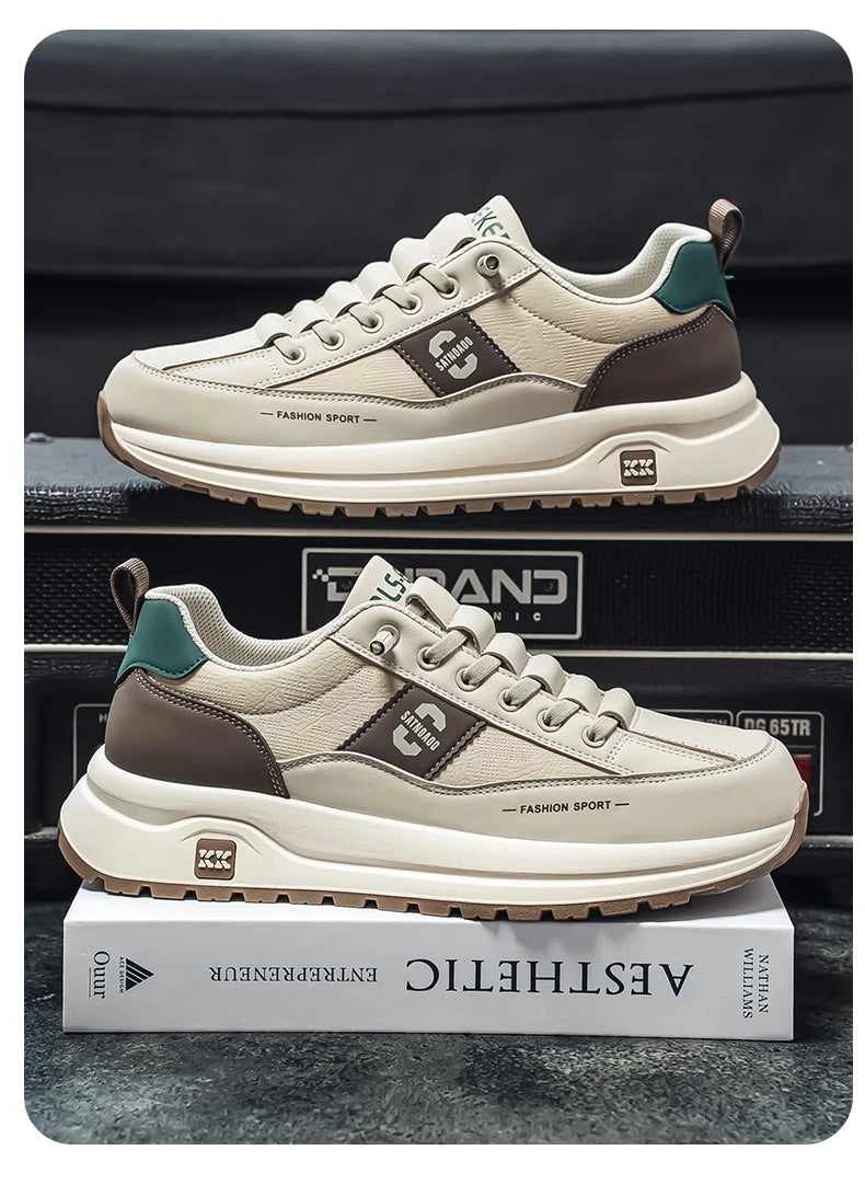 Men's Bonded Leather Lace-Up Casual Sneakers – Breathable Comfort, Non-Slip Rubber Outsole | Fashion Running Style | Black, Beige & Grey | Spring/Autumn