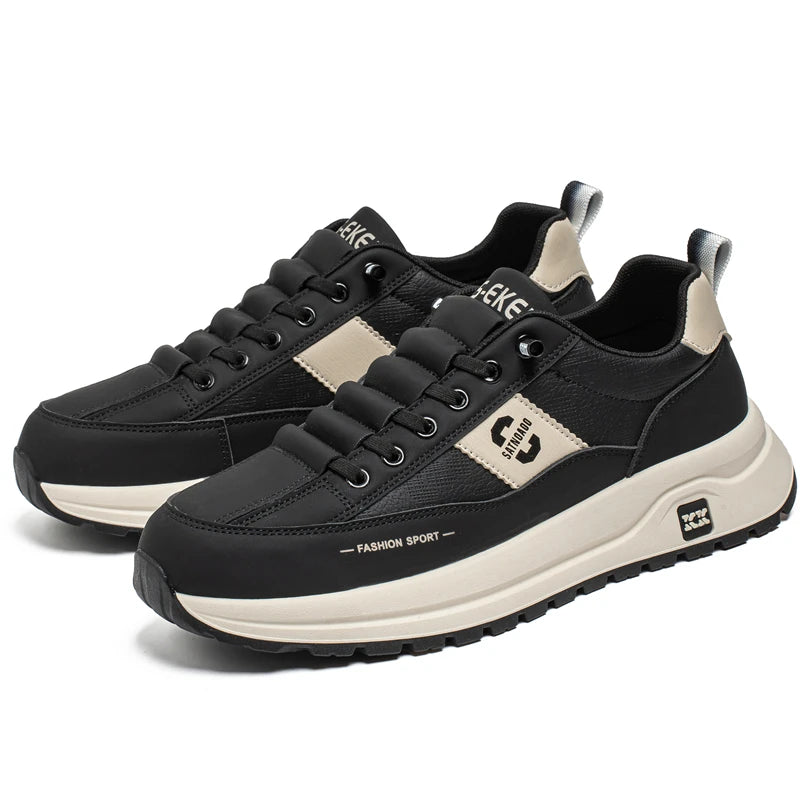 Men's Bonded Leather Lace-Up Casual Sneakers – Breathable Comfort, Non-Slip Rubber Outsole | Fashion Running Style | Black, Beige & Grey | Spring/Autumn