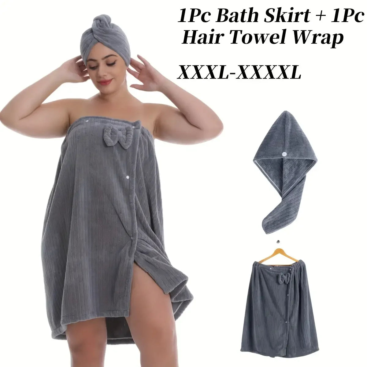 Women's Striped Bath Wrap & Hair Cap Set - Plus Size 2-Piece Luxury Robe, XXXL-XXXXL Adjustable Woven Towel