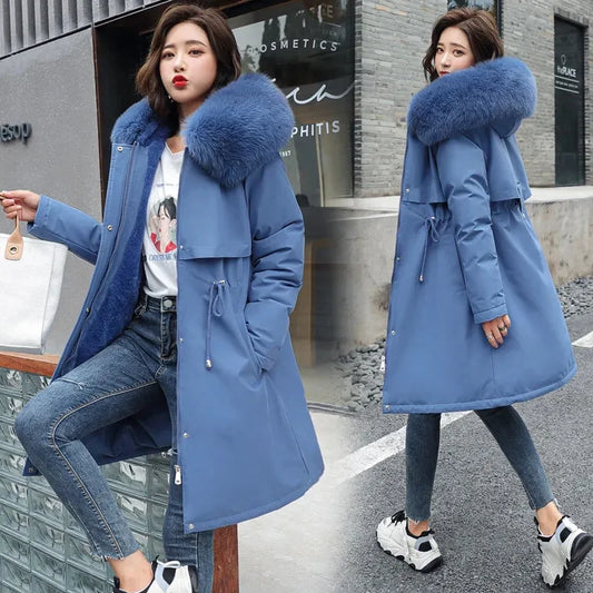 Women's Luxe Winter Parka: Thick Padded Coat with Wool Liner & Fur-Trimmed Hood-Stylish Snow Wear in Cotton-Polyester Blend.