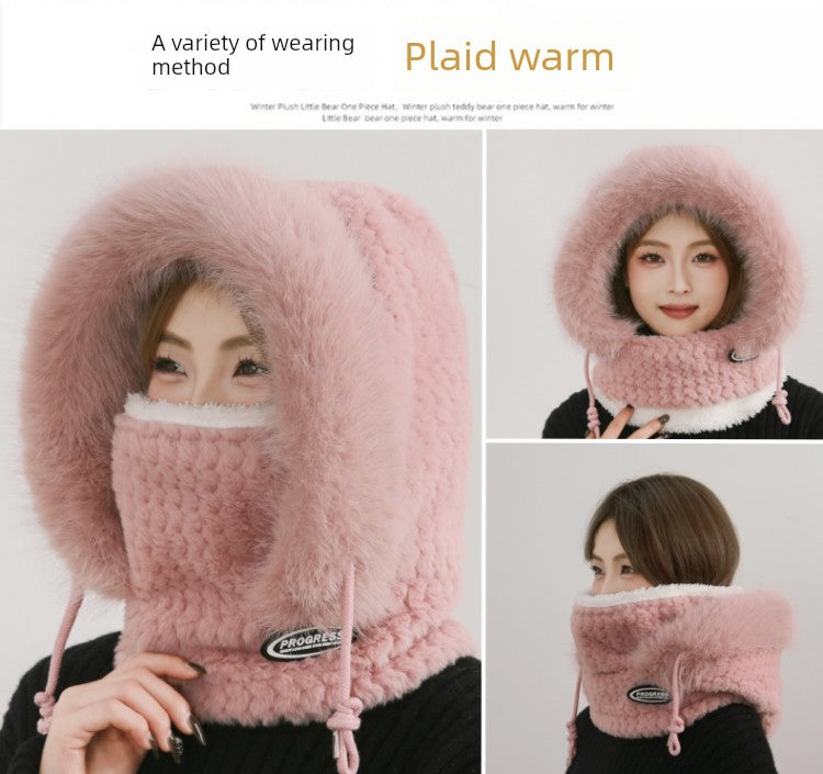 Women's Cozy Plush Winter Hood Scarf Set - All-in-One Hat, Scarf & Gloves | Polyester Cold-Proof Gear
