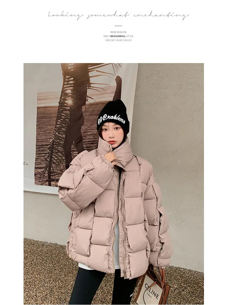 Women's Oversized Puffer Jacket - Warm Cotton Filled Winter Coat with Stand Collar