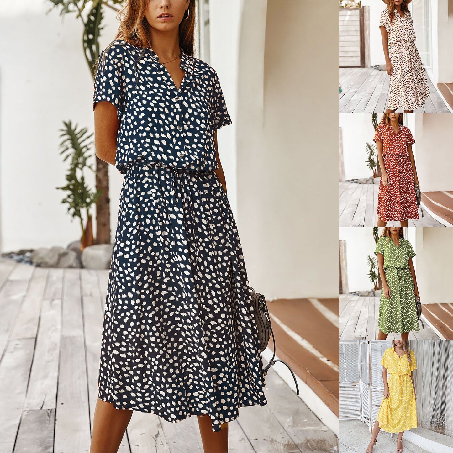 Women's Polka Dot Midi Dress – Slim Fit A-Line Casual Summer Dress with Drawstring Waist