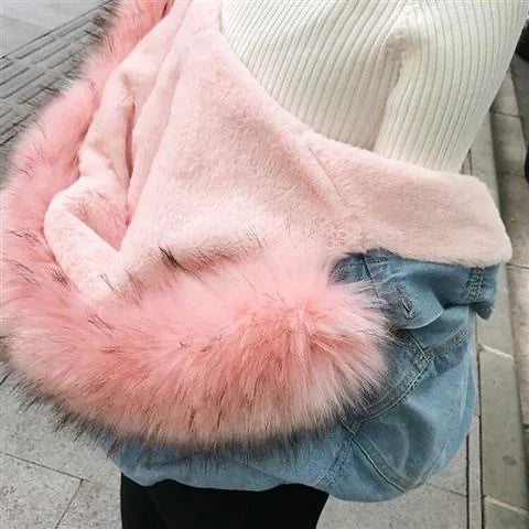 Women's Winter Denim Hooded Coat-Removable Fur Collar, Fleece Lined, Warm Cotton & Polyester Jacket.