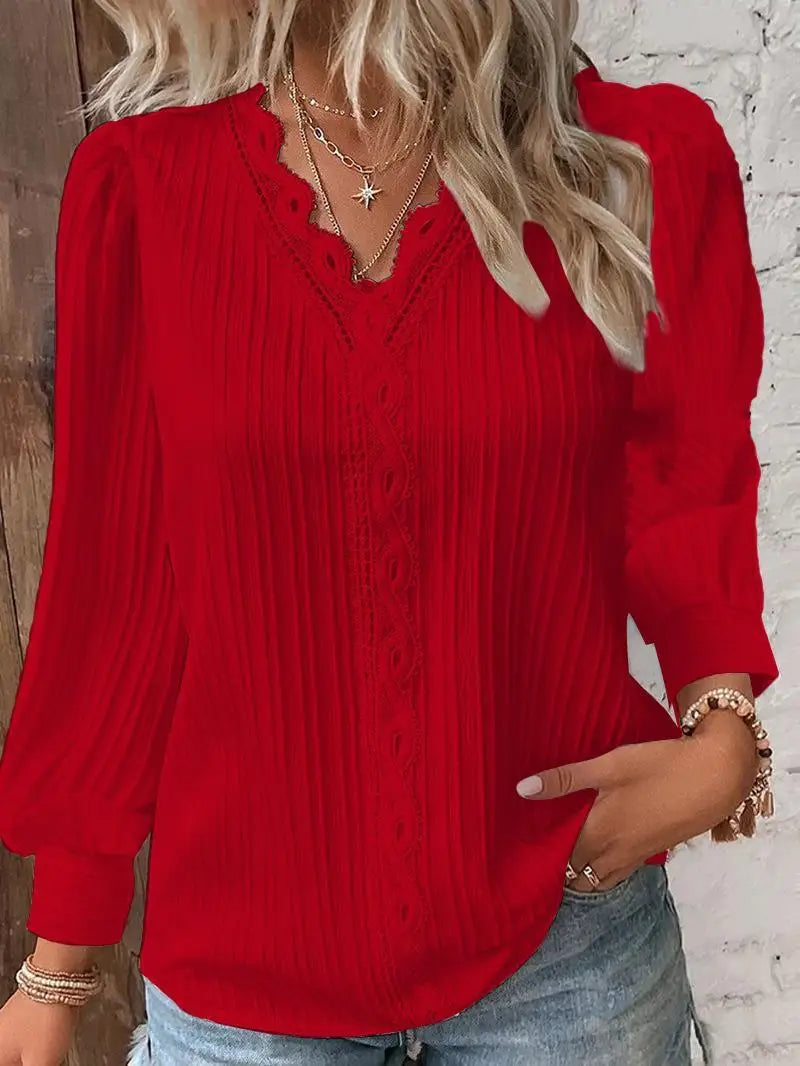 Women's Autumn Winter Pleated Blouse - V-Neck Long Sleeve Polyester Shirt