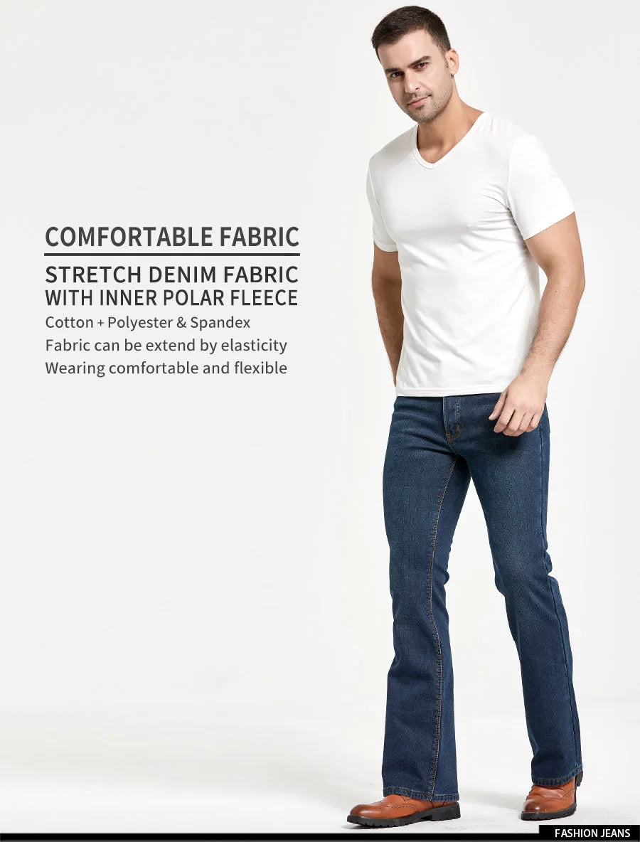 Men's Winter Stretch Fleece Jeans: Warm & Stylish Boot Cut.