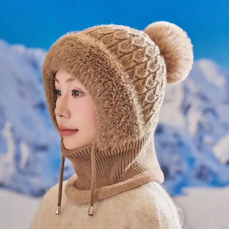 Women's 3-in-1 Winter Beanie Scarf Mask Set - Windproof Plush-Lined Faux Fur