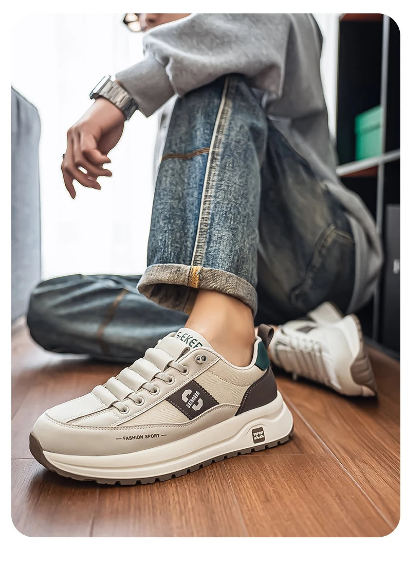 Men's Bonded Leather Lace-Up Casual Sneakers – Breathable Comfort, Non-Slip Rubber Outsole | Fashion Running Style | Black, Beige & Grey | Spring/Autumn