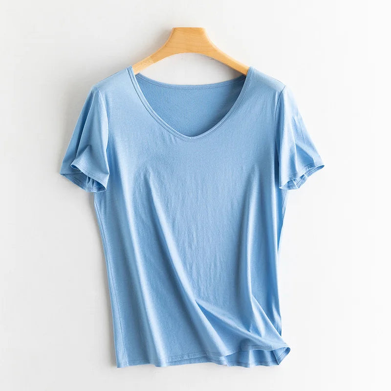 Eesswel Women's V-Neck Silk-Blend T-Shirt | Soft Breathable Summer Tee | Casual Short Sleeve Solid Top – Multiple Colors