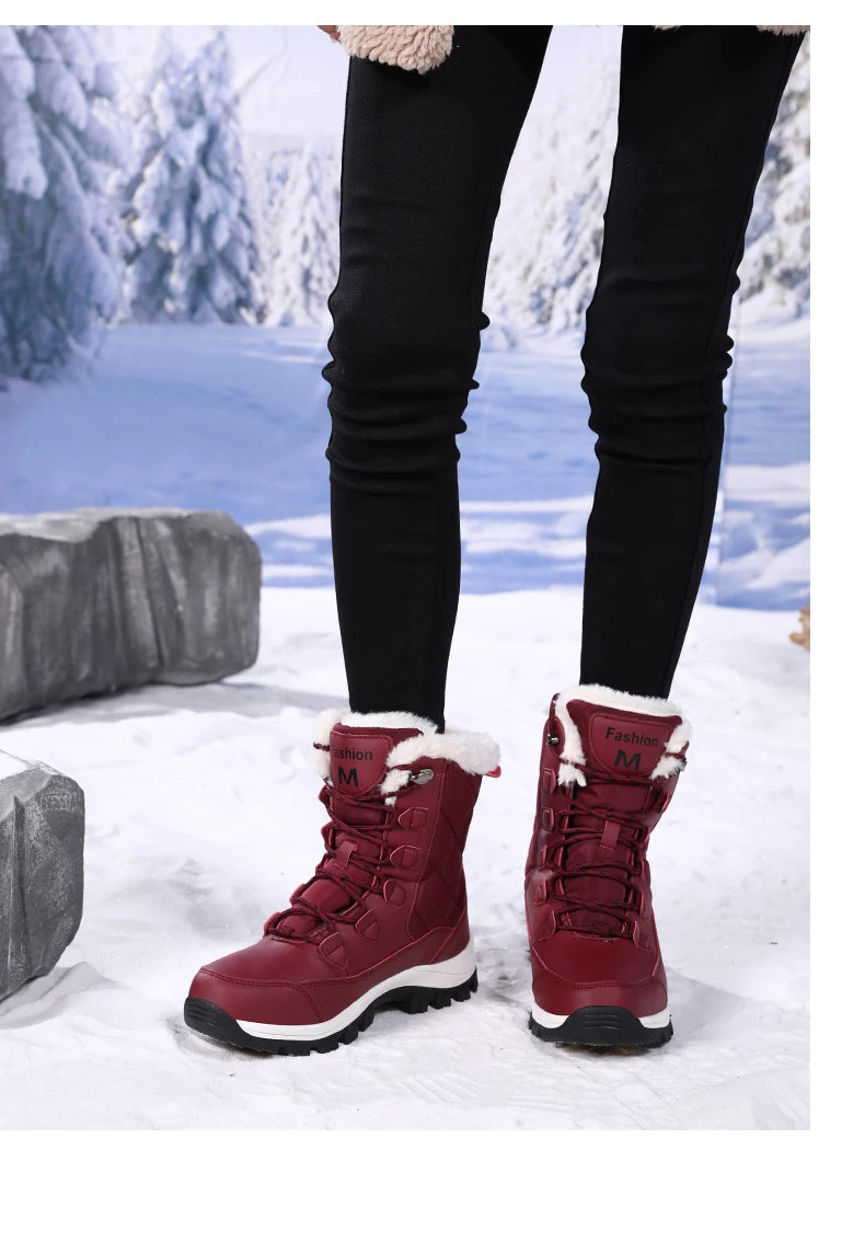 Women's Plush-Lined Waterproof Snow Boots - High-Top Winter Hiking Ankle Boots
