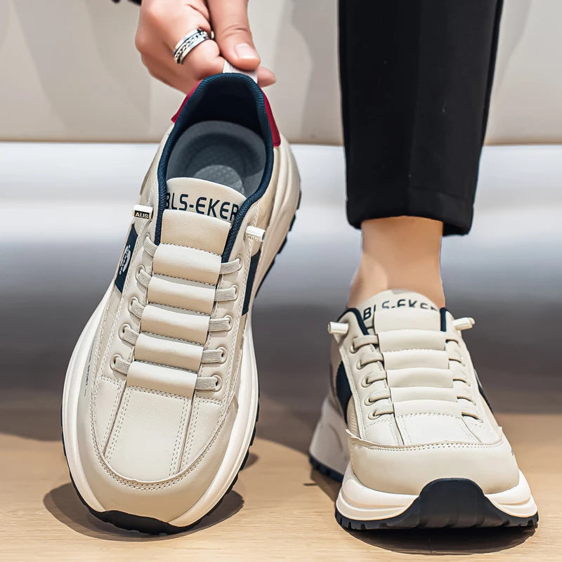 Men's Bonded Leather Lace-Up Casual Sneakers – Breathable Comfort, Non-Slip Rubber Outsole | Fashion Running Style | Black, Beige & Grey | Spring/Autumn