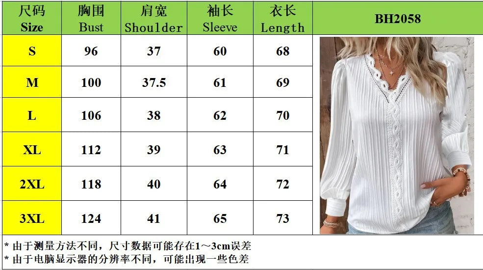 Women's LEDP Lace Detail V-Neck Blouse — Long Sleeve Textured Office Shirt | Elegant Pullover Top for Work & Casual | Autumn & Winter 2025