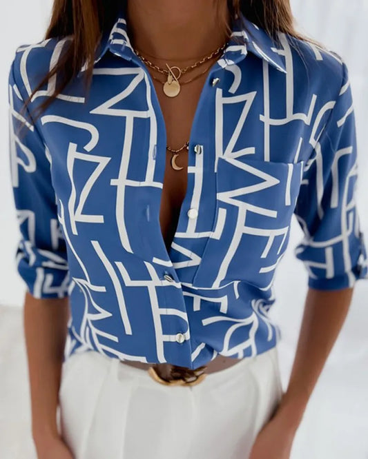 Women's Geometric Print Shirt - Long Sleeve Button-Up Blouse in Polyester Jersey