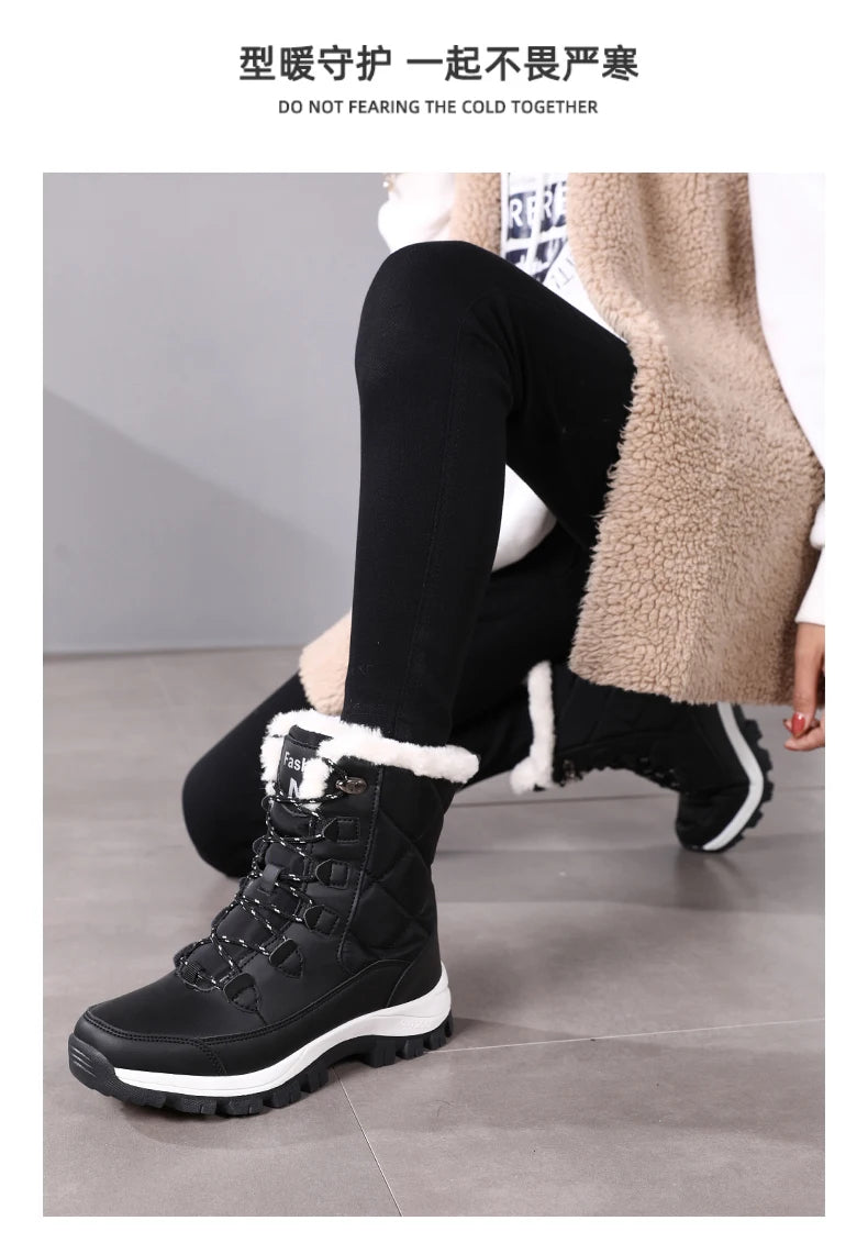 Women's Plush-Lined Waterproof Snow Boots - High-Top Winter Hiking Ankle Boots