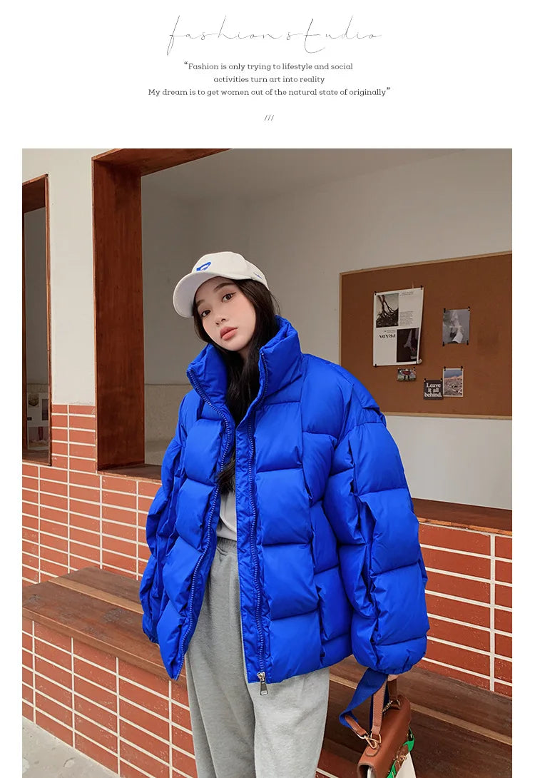 Women's Oversized Puffer Jacket - Warm Cotton Filled Winter Coat with Stand Collar