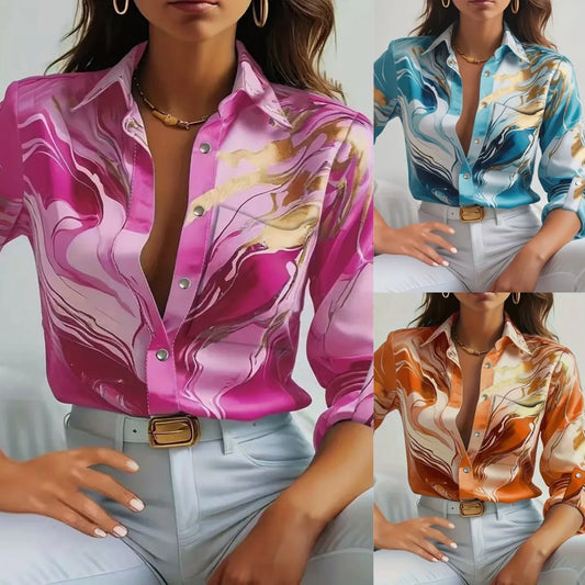 Women's Nowsaa Abstract Print Button-Down Blouse — Long Sleeve Turn-Down Collar Casual Office Top | Vintage Broadcloth Shirt for Spring & Summer