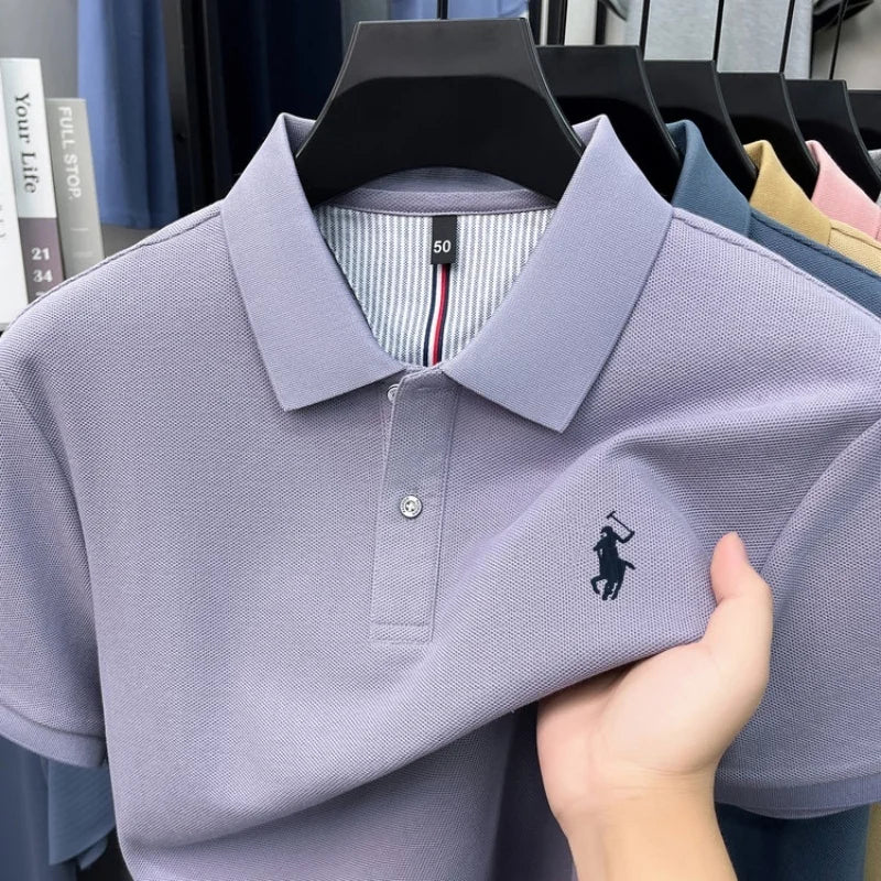 Men's 100% Cotton Short Sleeve Polo Shirt – Embroidered Logo Golf Top | Anti-Wrinkle Summer Casual