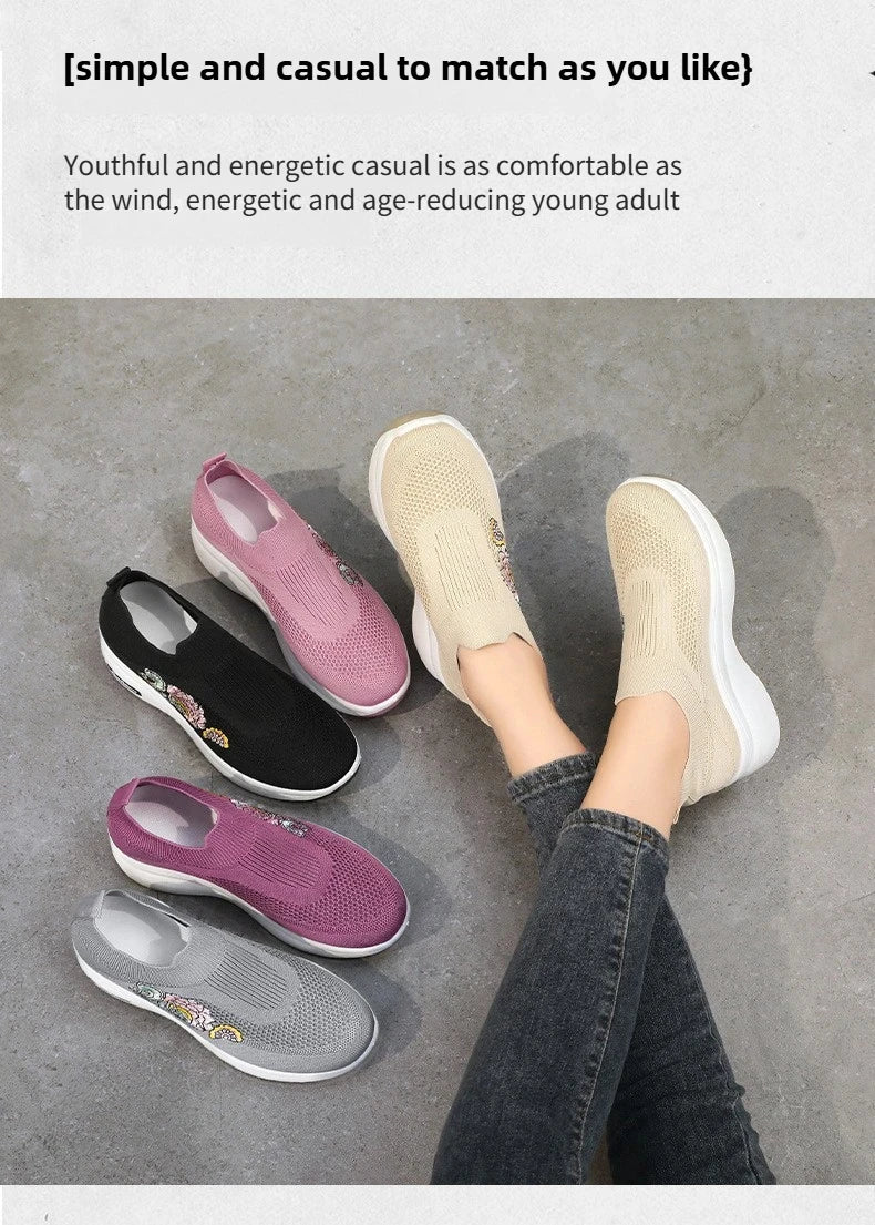 Women's Floral Embroidered Platform Slip-On Sneakers – Lightweight Mesh Walking Shoes with Cushioned Sole