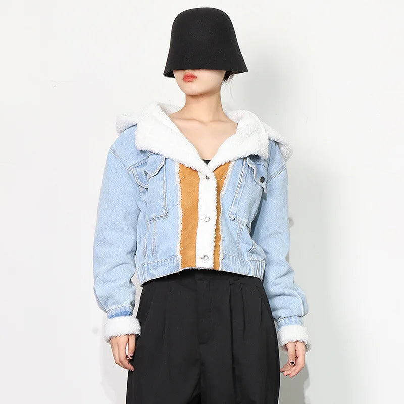 Women's Winter Denim Spliced Hooded Lamb Wool Jacket for Women-Thick Cotton Outwear with Double Pockets & Single-Breasted Closure.