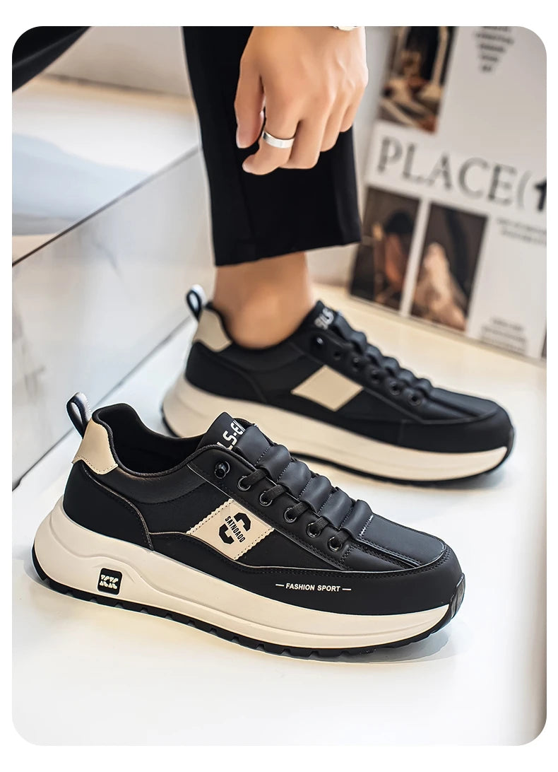 Men's Bonded Leather Lace-Up Casual Sneakers – Breathable Comfort, Non-Slip Rubber Outsole | Fashion Running Style | Black, Beige & Grey | Spring/Autumn