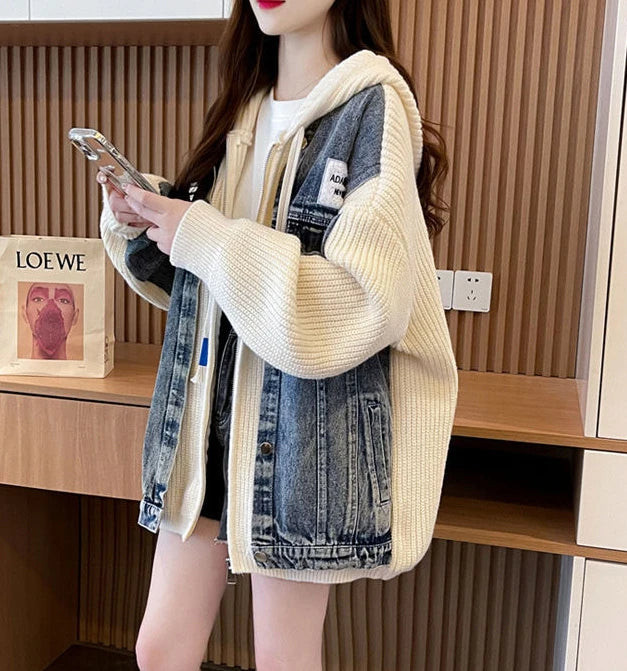 Women's Chic Black Denim Jacket-Winter 2024 Hooded Graphic Outerwear.