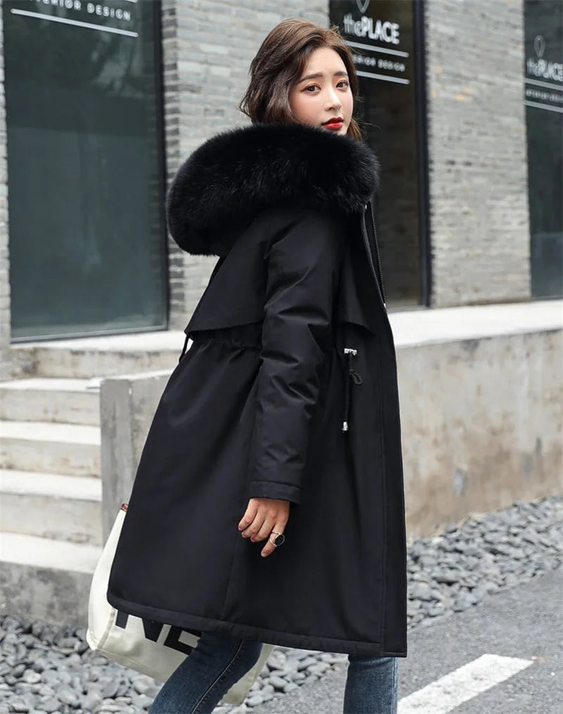 Women's Luxe Winter Parka: Thick Padded Coat with Wool Liner & Fur-Trimmed Hood-Stylish Snow Wear in Cotton-Polyester Blend.