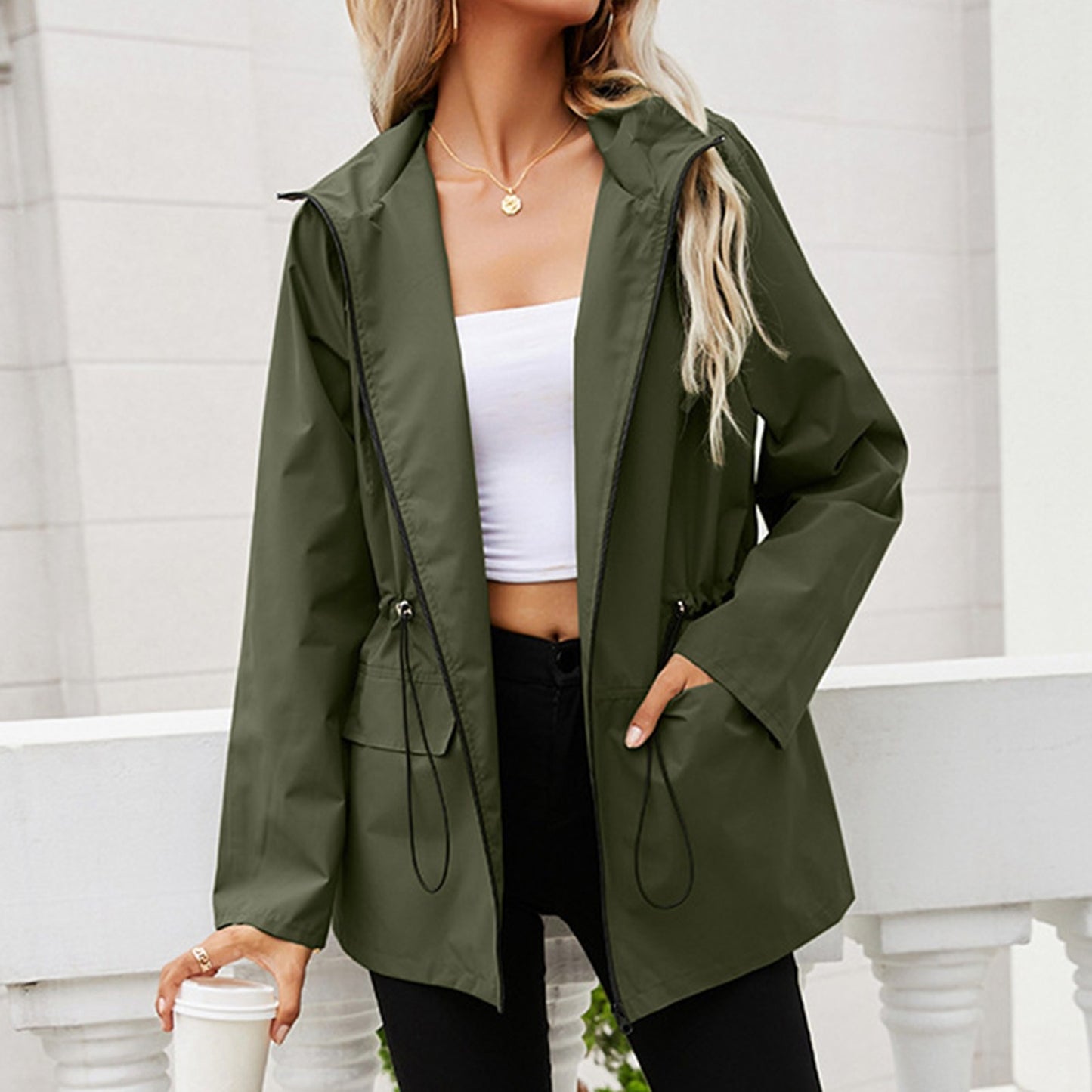 Women's Asymmetric Hooded Windproof Jacket — Plus Size Streetwear Zip-Up Coat with Flare Sleeves