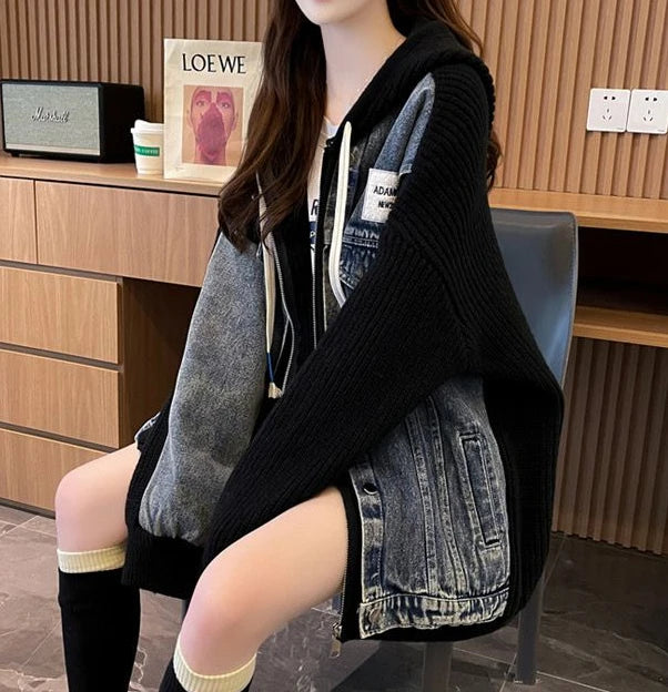 Women's Chic Black Denim Jacket-Winter 2024 Hooded Graphic Outerwear.