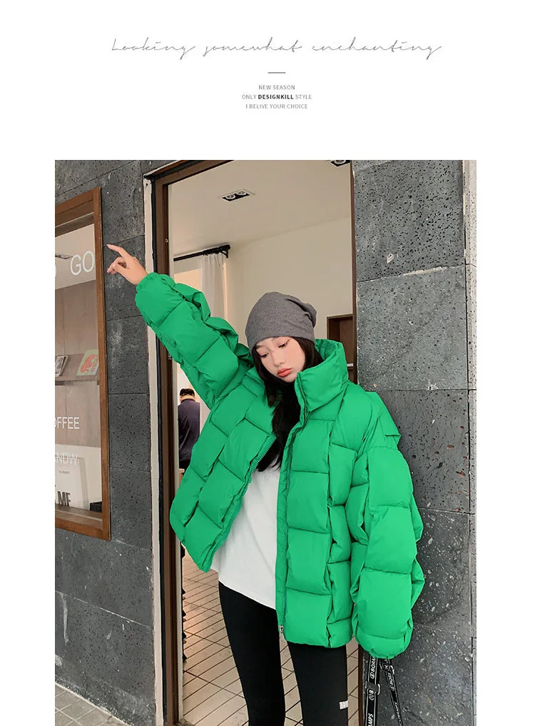 Women's Oversized Puffer Jacket - Warm Cotton Filled Winter Coat with Stand Collar