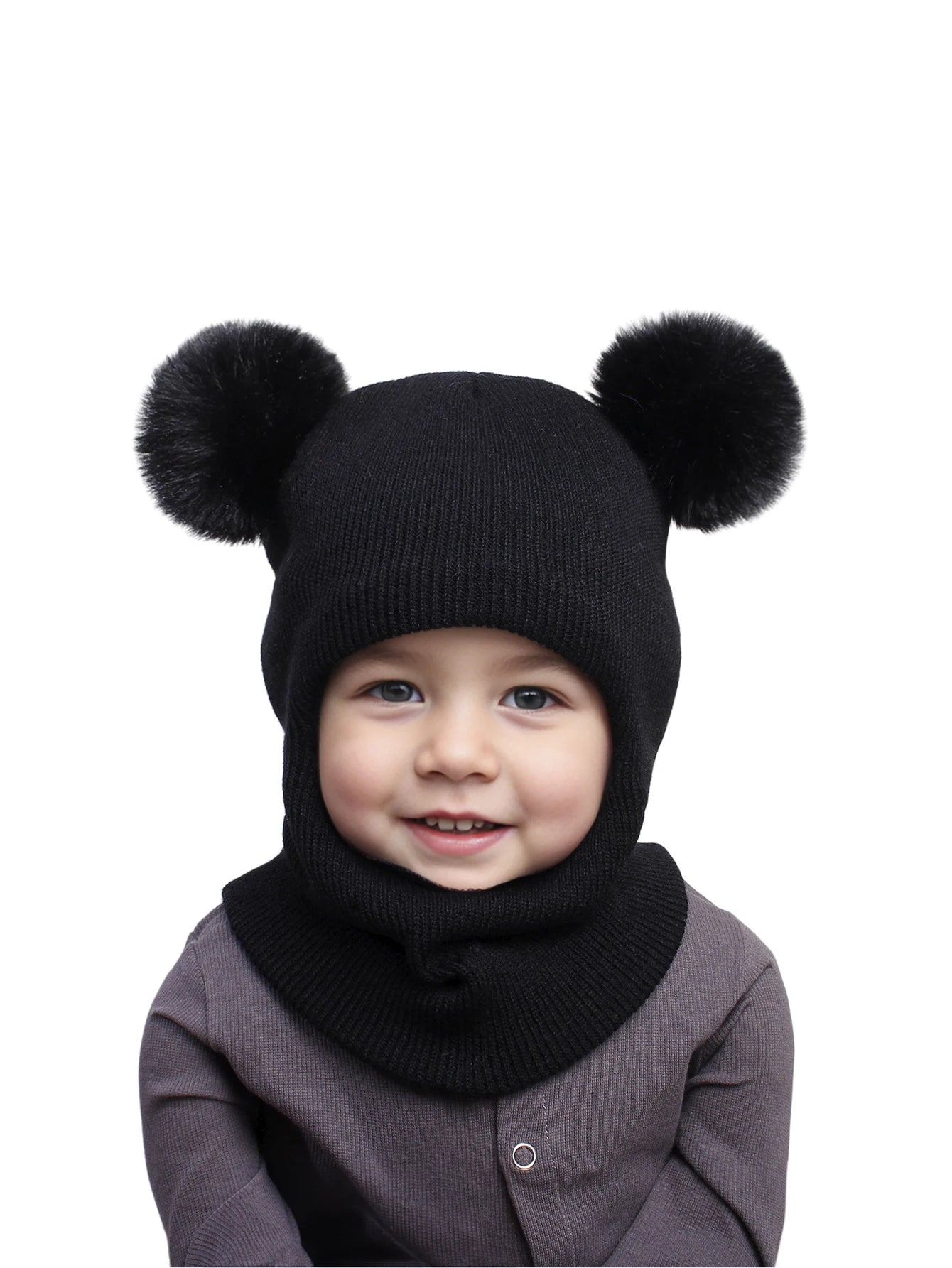 Unisex Adorable Kids Pom Pom Winter Hood - Knitted Hat & Scarf Combo | Cotton Ear-Protecting Balaclava
