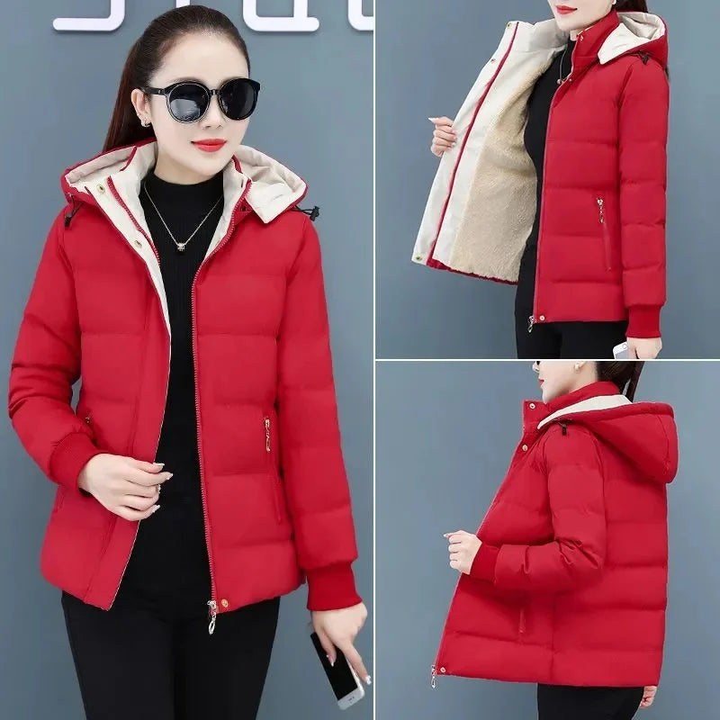 Women's Velvet Cotton Padded Winter Jacket 2025 - Detachable Hood Warm Parka Coat"