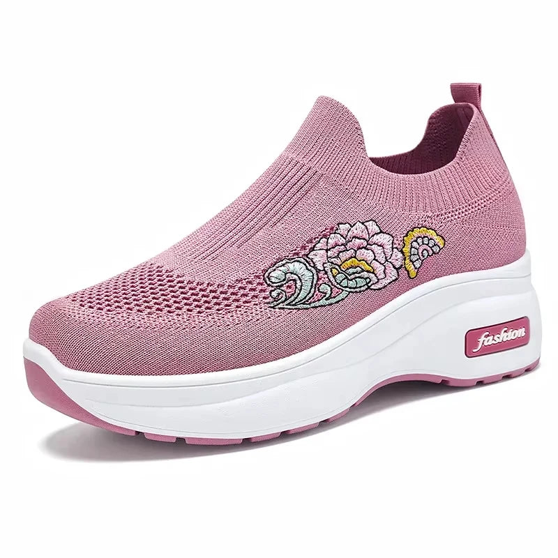 Women's Floral Embroidered Platform Slip-On Sneakers – Lightweight Mesh Walking Shoes with Cushioned Sole