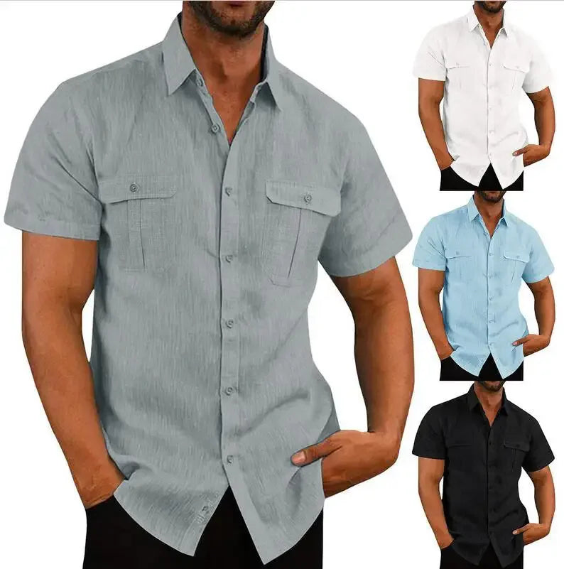 DFKDZG Men's Linen Blend Short-Sleeve Casual Button-Down Shirt | Breathable Summer Beach Style, Plus Size M–4XL