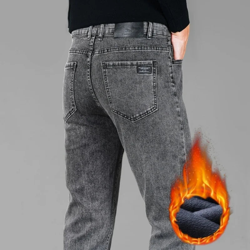 Men's Winter Fleece Lined Jeans - Warm Black Loose Fit"