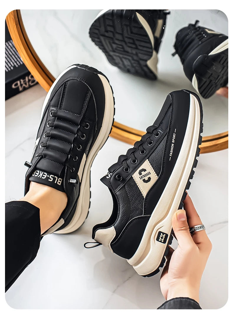 Men's Bonded Leather Lace-Up Casual Sneakers – Breathable Comfort, Non-Slip Rubber Outsole | Fashion Running Style | Black, Beige & Grey | Spring/Autumn