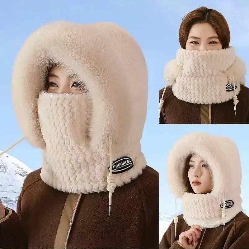 Women's Winter Plush Hood Hat - Windproof Thermal Scarf Mask Cap