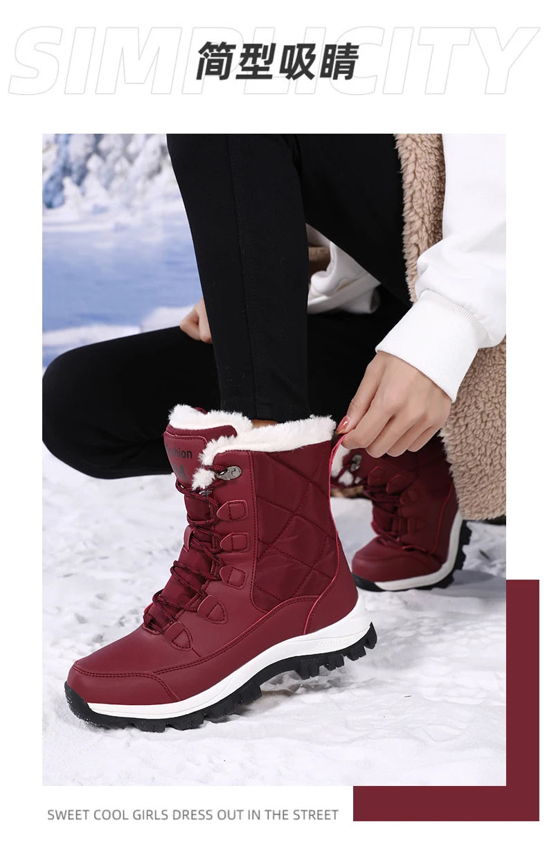 Women's Plush-Lined Waterproof Snow Boots - High-Top Winter Hiking Ankle Boots