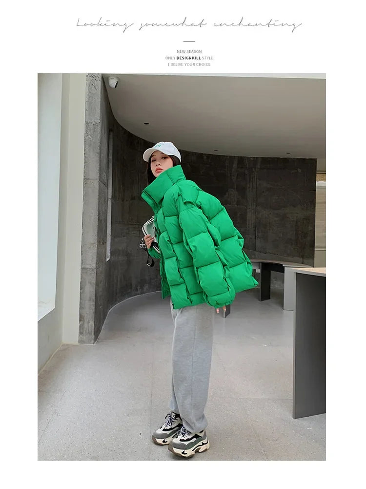 Women's Oversized Puffer Jacket - Warm Cotton Filled Winter Coat with Stand Collar