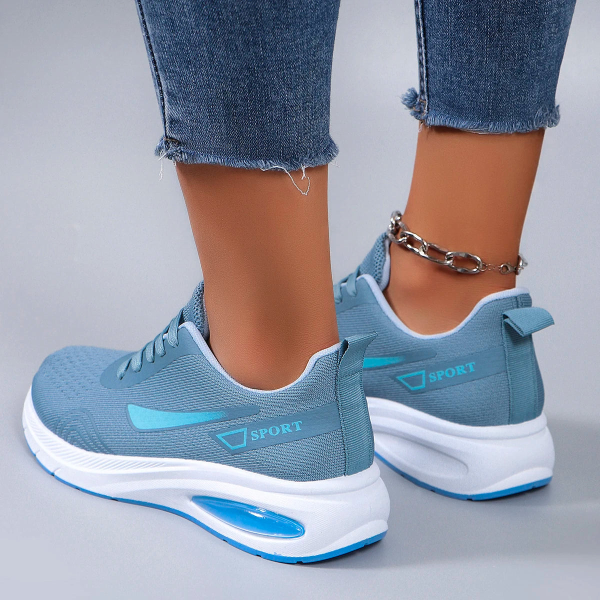 Women's Air Cushion Lace-Up Sneakers – Breathable Mesh Color-Block Running Style Shoes with Rubber Sole