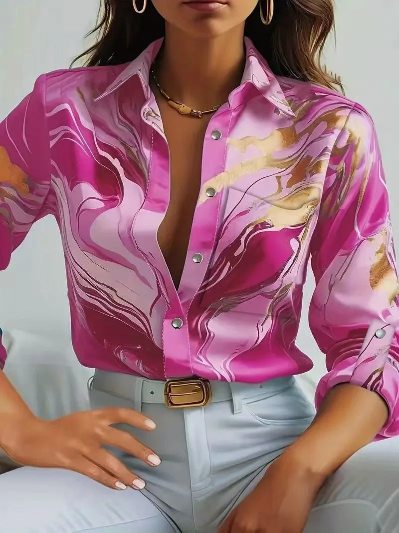 Women's Nowsaa Abstract Print Button-Down Blouse — Long Sleeve Turn-Down Collar Casual Office Top | Vintage Broadcloth Shirt for Spring & Summer
