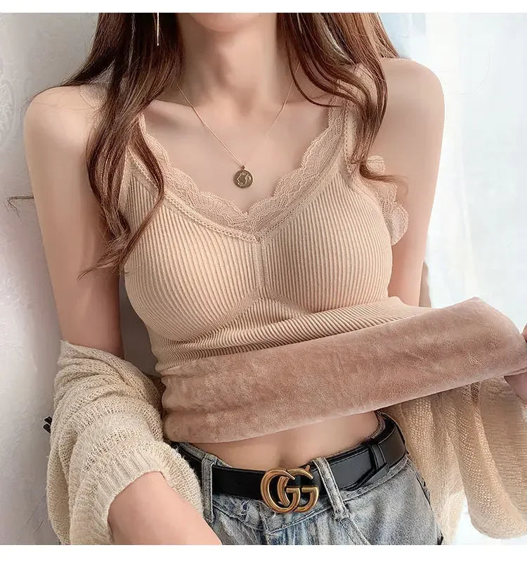 Women's Sleek & Stylish Thermal Lace Vest with Padded Bra for Winter Warmth.