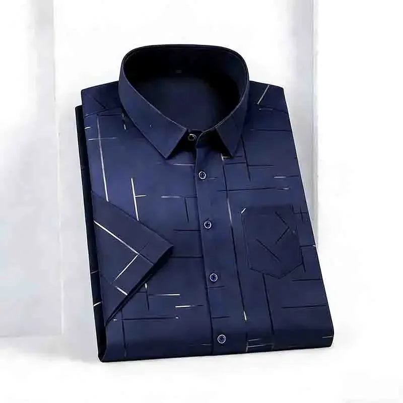 Men's 2026 Geometric Line Print Shirt Short Sleeve with Chest Pocket | 100% Cotton Button-Up Business Casual Daily Office Fashion Top.