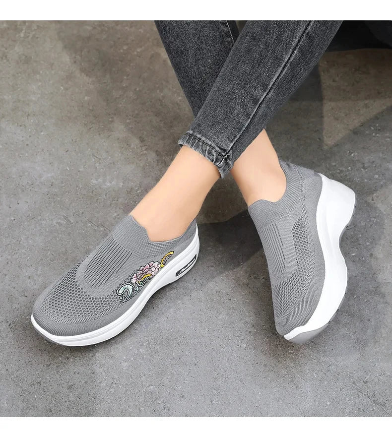 Women's Floral Embroidered Platform Slip-On Sneakers – Lightweight Mesh Walking Shoes with Cushioned Sole