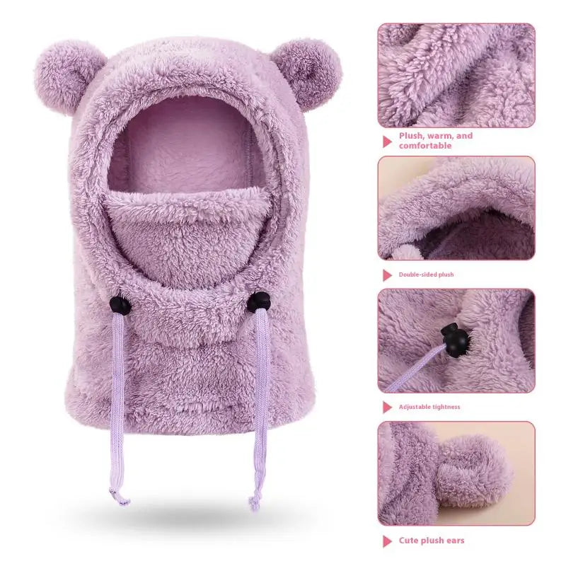 Girls Plush Balaclava Hat Scarf - Windproof Warm Ear Protection Neck Cover