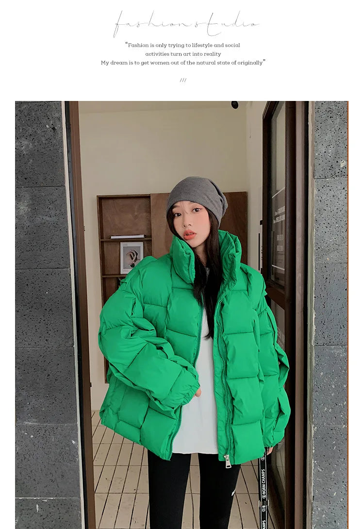 Women's Oversized Puffer Jacket - Warm Cotton Filled Winter Coat with Stand Collar