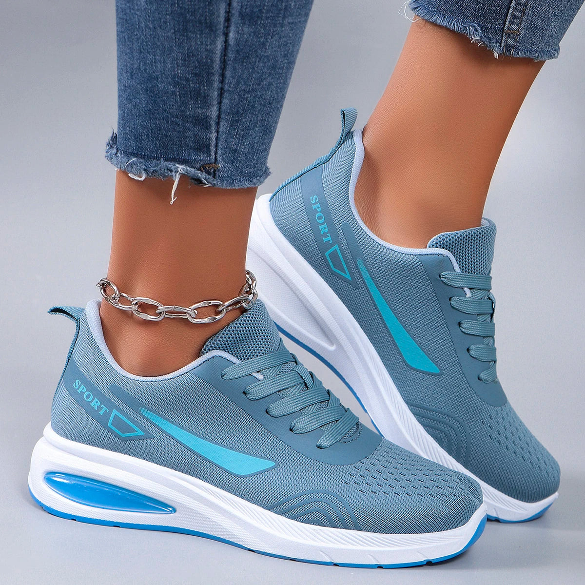 Women's Air Cushion Lace-Up Sneakers – Breathable Mesh Color-Block Running Style Shoes with Rubber Sole