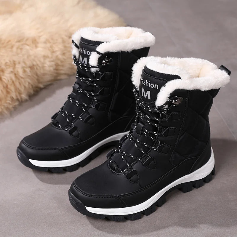 Women's Plush-Lined Waterproof Snow Boots - High-Top Winter Hiking Ankle Boots