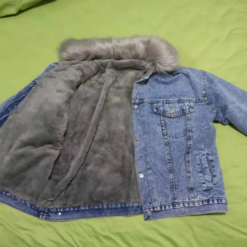 Women's Chic Winter Denim Jacket: Fleece-Lined with Big Fur Collar & Motorcycle Style